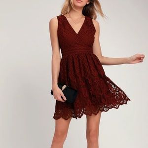 NEW Black Swan Lulus Brandi Wine Red Lace Surplice Skater Dress